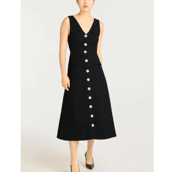 NWT Cinq a Sept Linda Buttoned Tweed Midi Dress 0/2/4 Black Noir - Picture 1 of 4